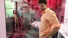 Play Surprised by the neighbor while taking a bath and that takes her cock